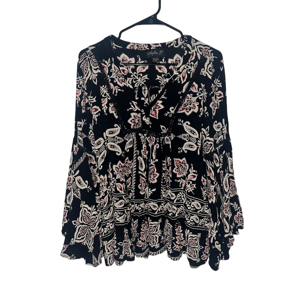 Lola P Vintage 90s Bohemian Bell Sleeve Black Floral Blouse